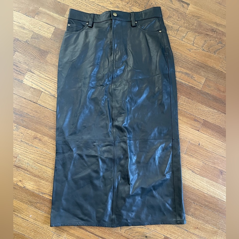 THE GREAT. Black Leather Pencil Skirt